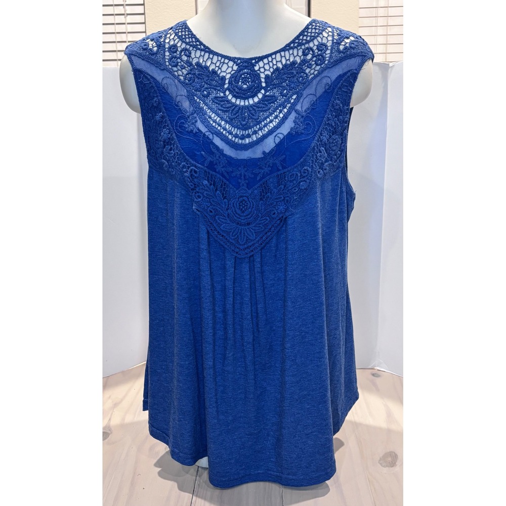 LOCRYZ Womens XL Blue Crochet Lace Yoke Tank Top Boho Keyhole Back Sleeveless